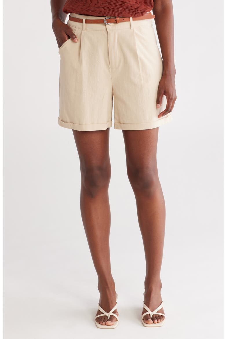 Belted Pleated Front Stretch Cotton Shorts, Main, color, BONE