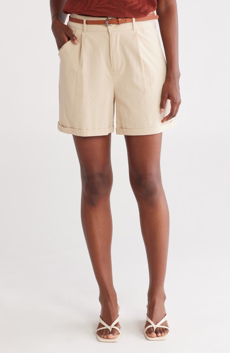 DR2 by Daniel Rainn Belted Pleated Front Stretch Cotton Shorts, Main, color, Bone