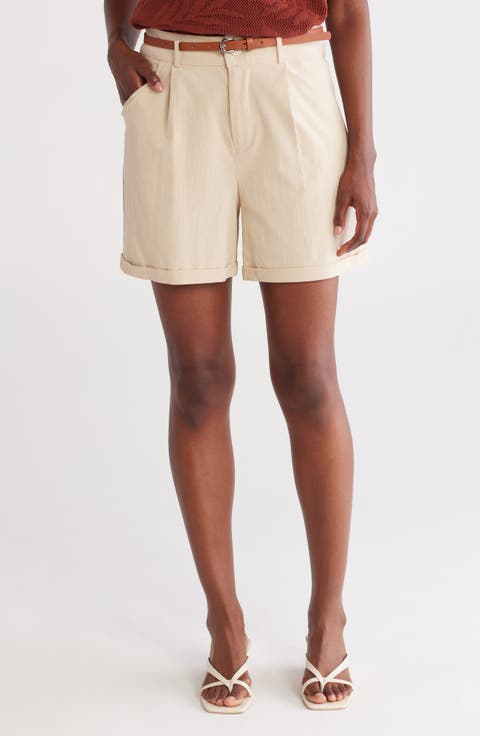Belted Pleated Front Stretch Cotton Shorts