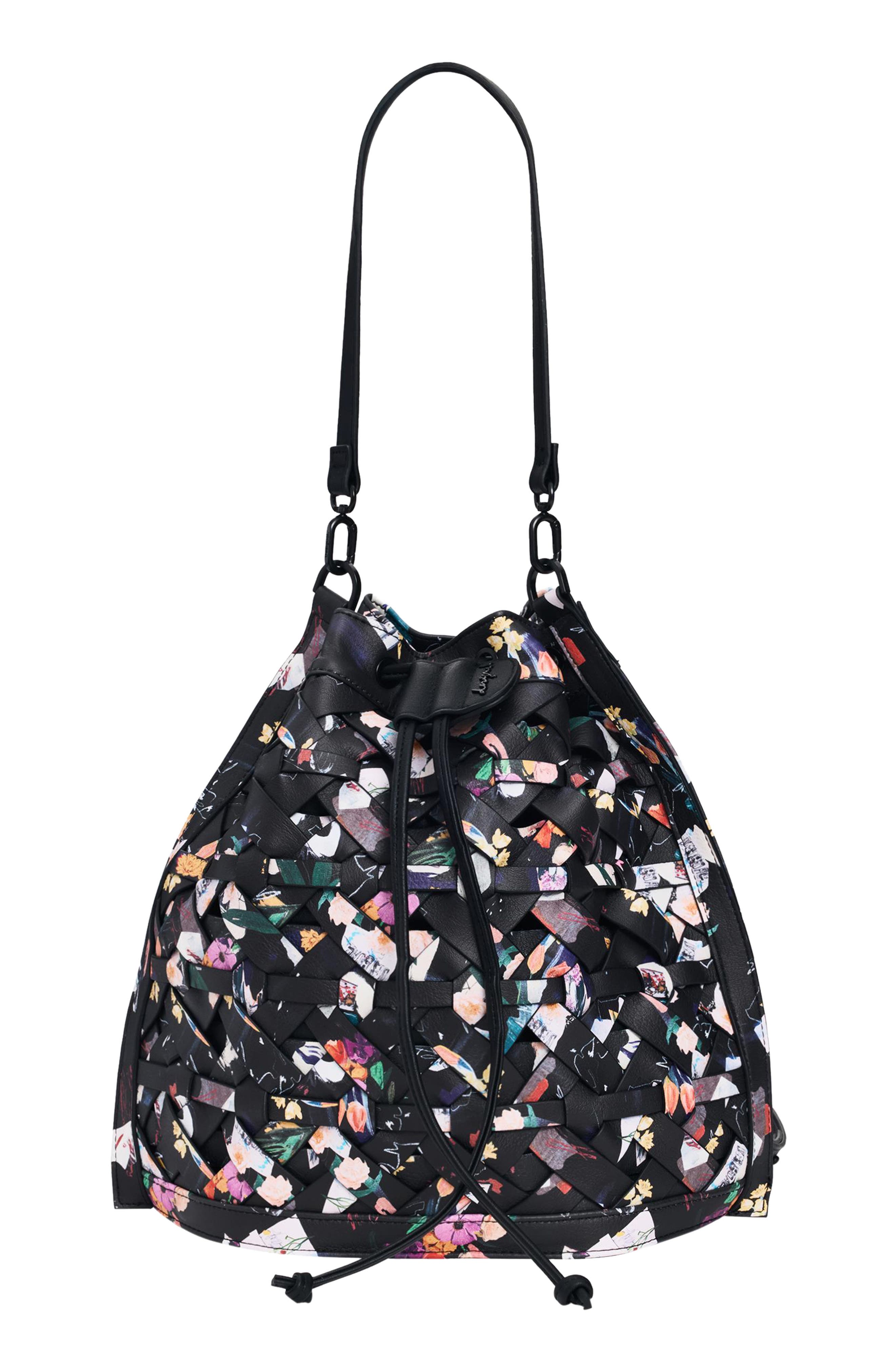 Desigual Floral Woven Faux Leather Backpack, Main, color, Black