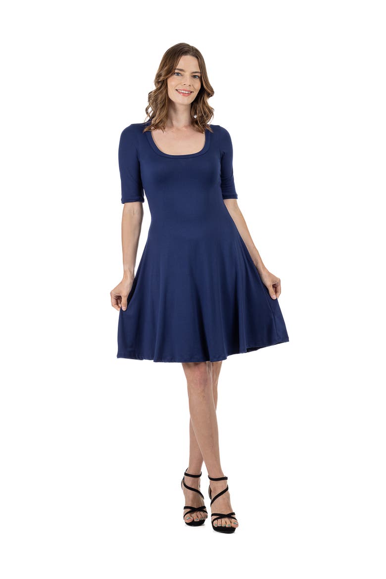 Petites Apparel A-Line Knee Length Dress Elbow Length Sleeves, Main, color, Navy