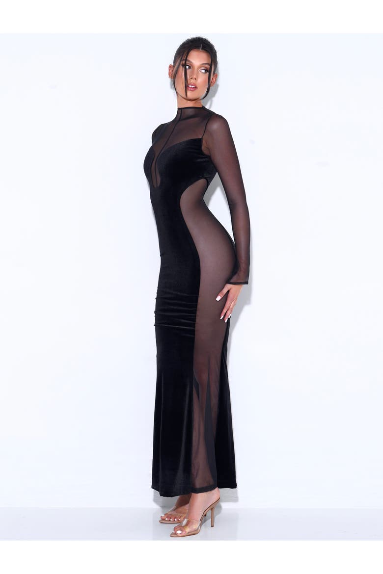 Paislee Velvet Mesh Long Sleeve Gown, Alternate, color, Black