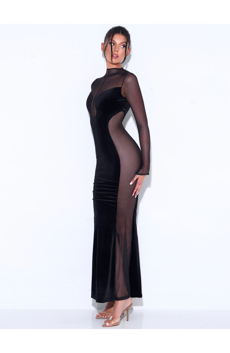 Miss Circle Paislee Velvet Mesh Long Sleeve Gown, Alternate, color, Black