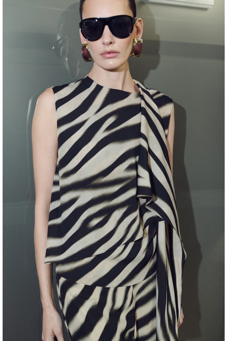 Zebra Stripe Tie Neck Top, Alternate, color, BLACK