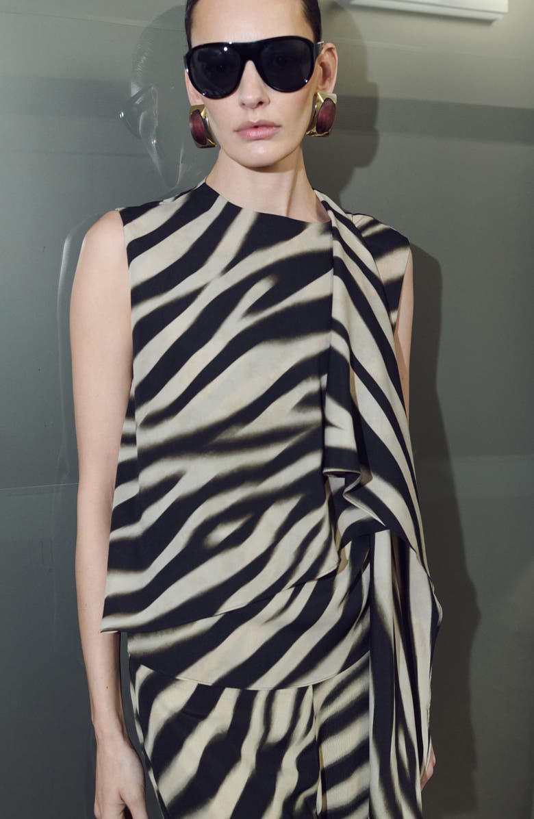 MANGO Zebra Stripe Tie Neck Top, Alternate, color, Black