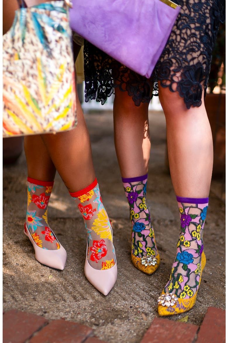 Garden Party Floral Sheer Crew Socks, Alternate, color, MULTI
