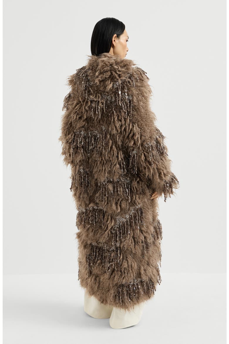 Dazzling moss embroidery long cardigan in mohair and wool, Alternate, color, Light Brown