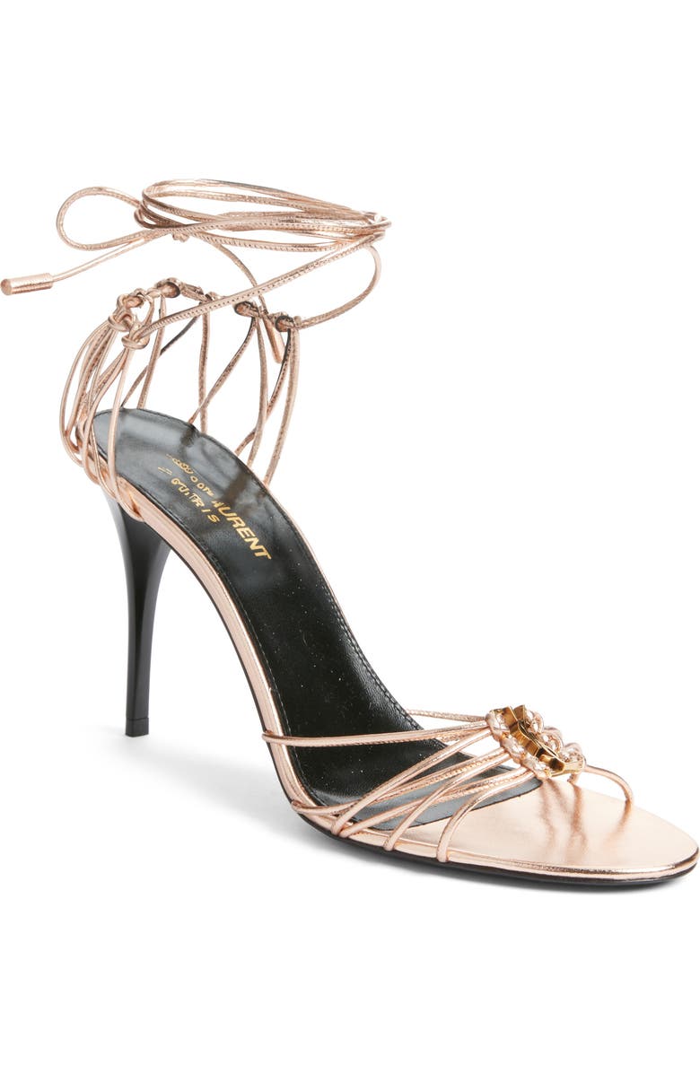Saint Laurent Babylone Ankle Tie Sandal, Main, color, Metallic Gold