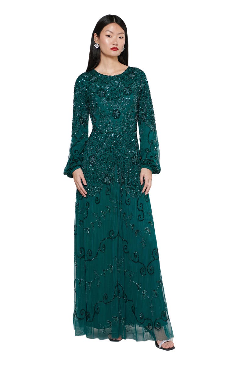 MARYISA Occasion Modest Embellished Sequin Beaded Crew Neck Evening Dress, Main, color, 