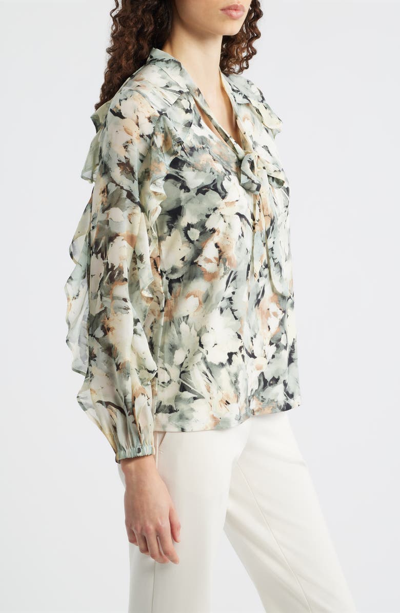 Anne Klein Printed Ruffle Tie Neck Top, Alternate, color, Soft Aloe Multi