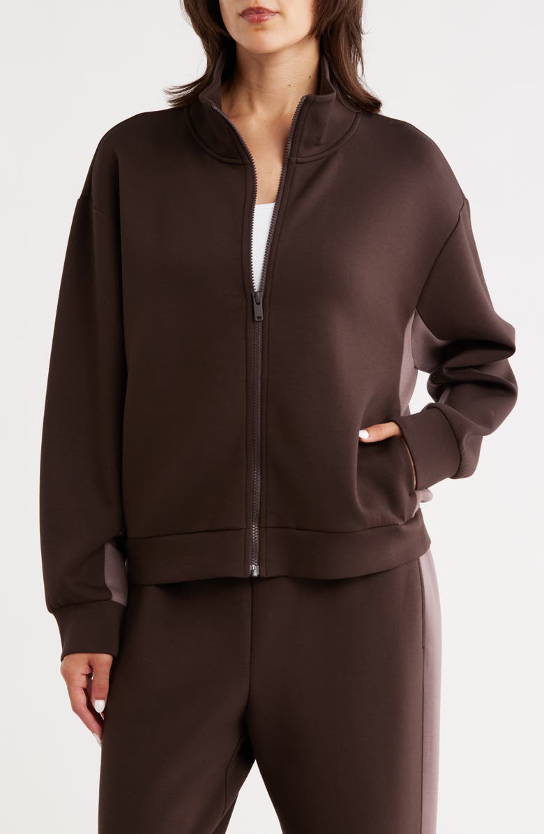 Z by Zella Whisper Knit Colorblock Track Jacket, Main, color, Brown Mole- Grey Plum