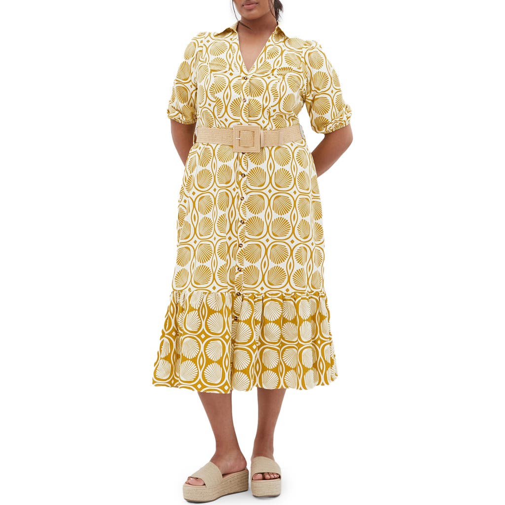 City Chic Anna Border Print Belted Cotton Maxi Dress In White