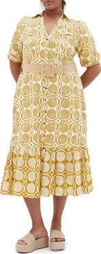 City Chic Anna Border Print Belted Cotton Maxi Dress