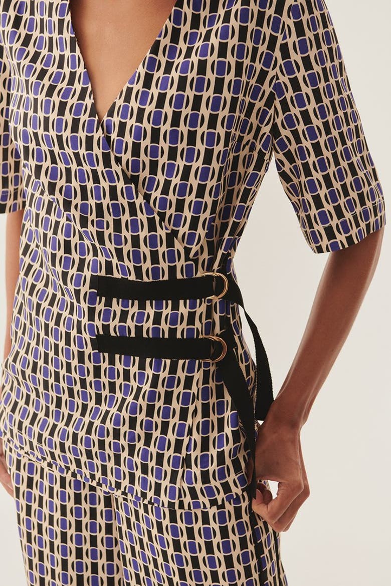 Madeline Belted Wrap Shirt, Alternate, color, Blue Patterned