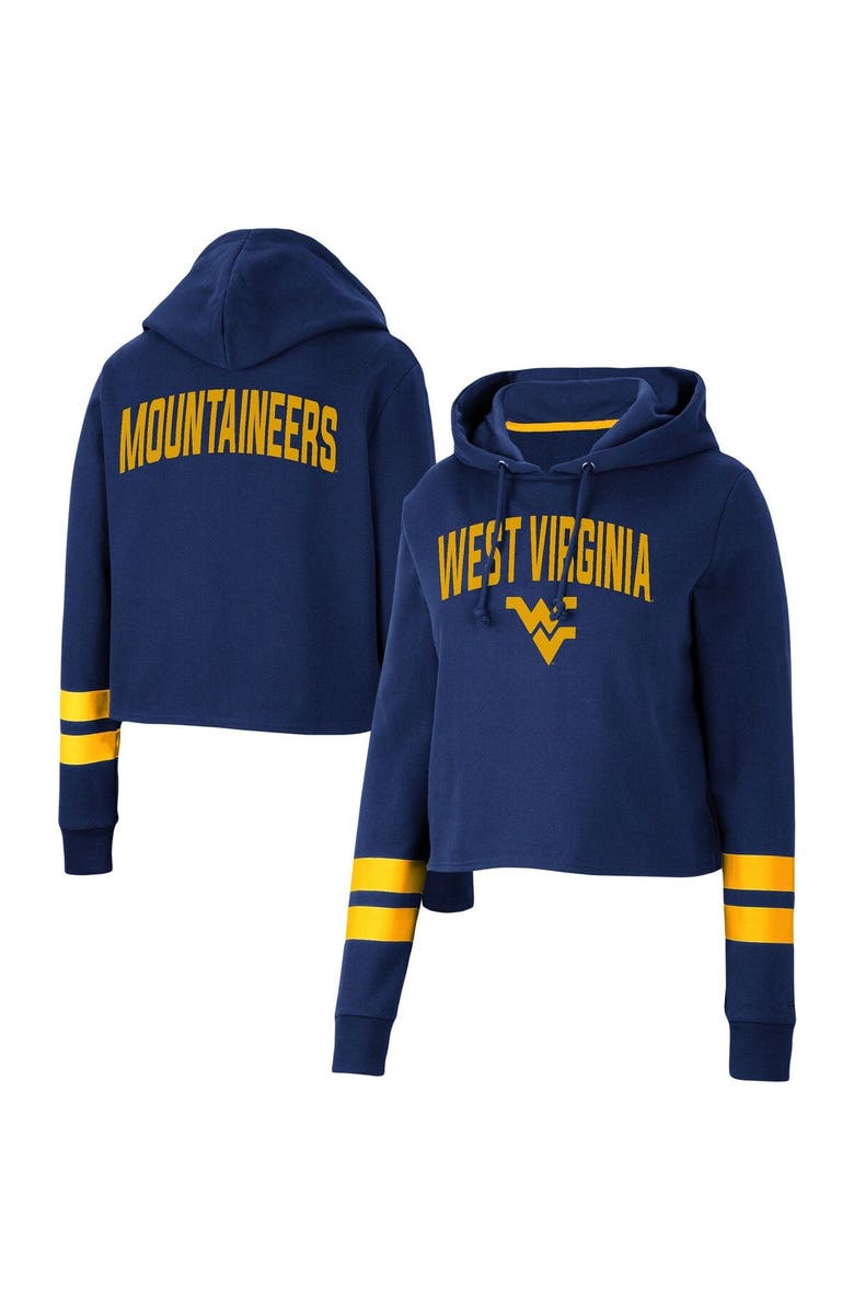COLOSSEUM Women's Colosseum Navy West Virginia Mountaineers Throwback Stripe Cropped Pullover Hoodie, Main, color, 