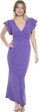 24seven Comfort Apparel Womens V-Neck Tulip Hem Ruffle Sleeve Faux Wrap Maxi Dress