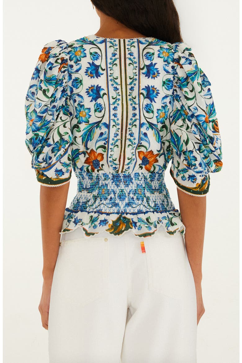 Floral Plunge Neck Smocked Top, Alternate, color, FLORA TILE OFF-WHITE