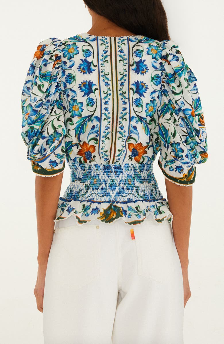 FARM Rio Floral Plunge Neck Smocked Top, Alternate, color, Flora Tile Off-White