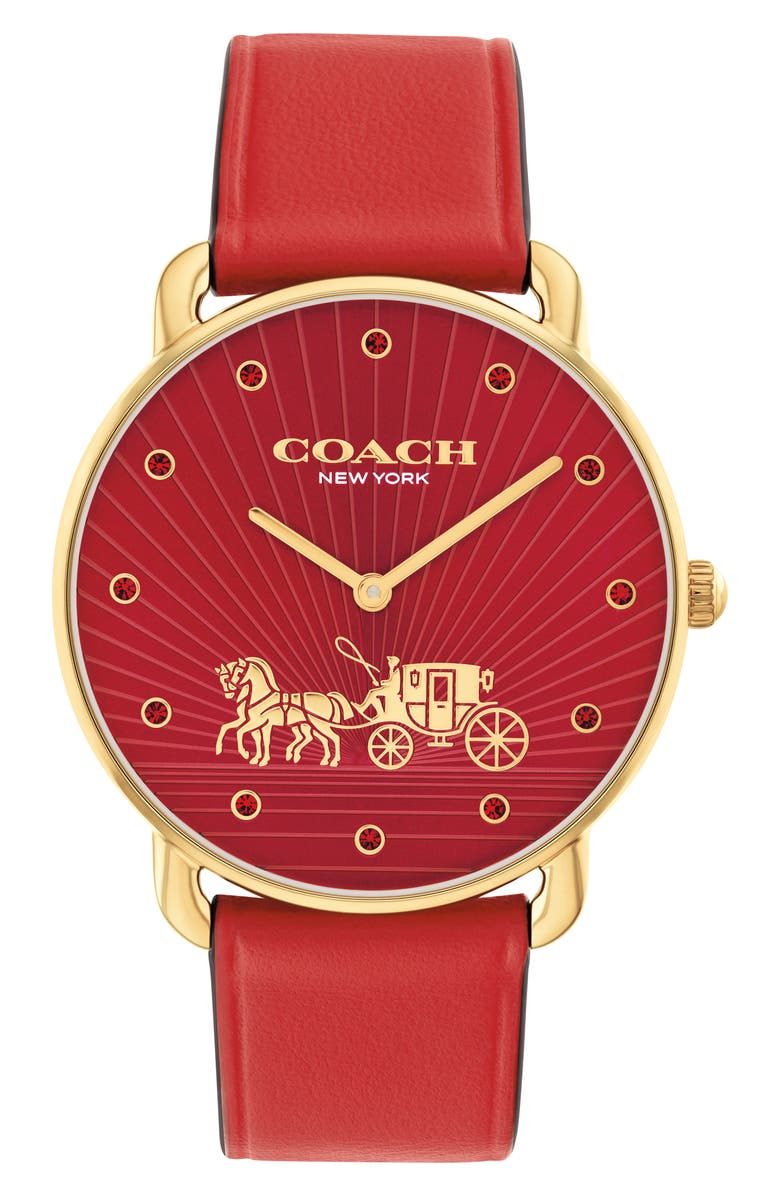 COACH Elliot Leather Strap Watch, 36mm, Main, color, Red