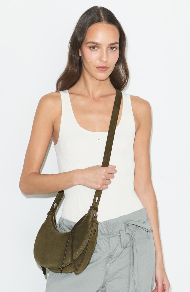 Tory Burch Romy Suede Half Moon Shoulder Bag, Alternate, color, Leccio