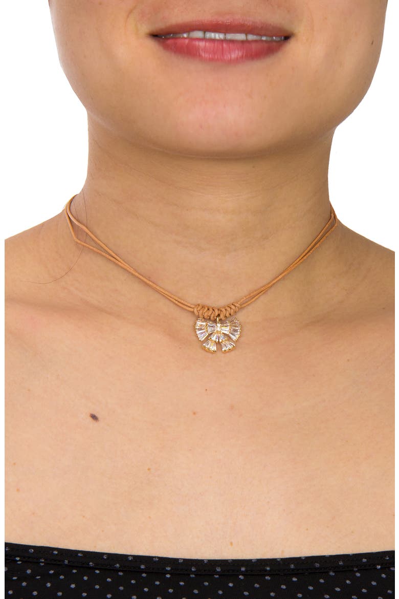 Crystal Bow Leather Wrap Choker Necklace, Alternate, color, KHAKI
