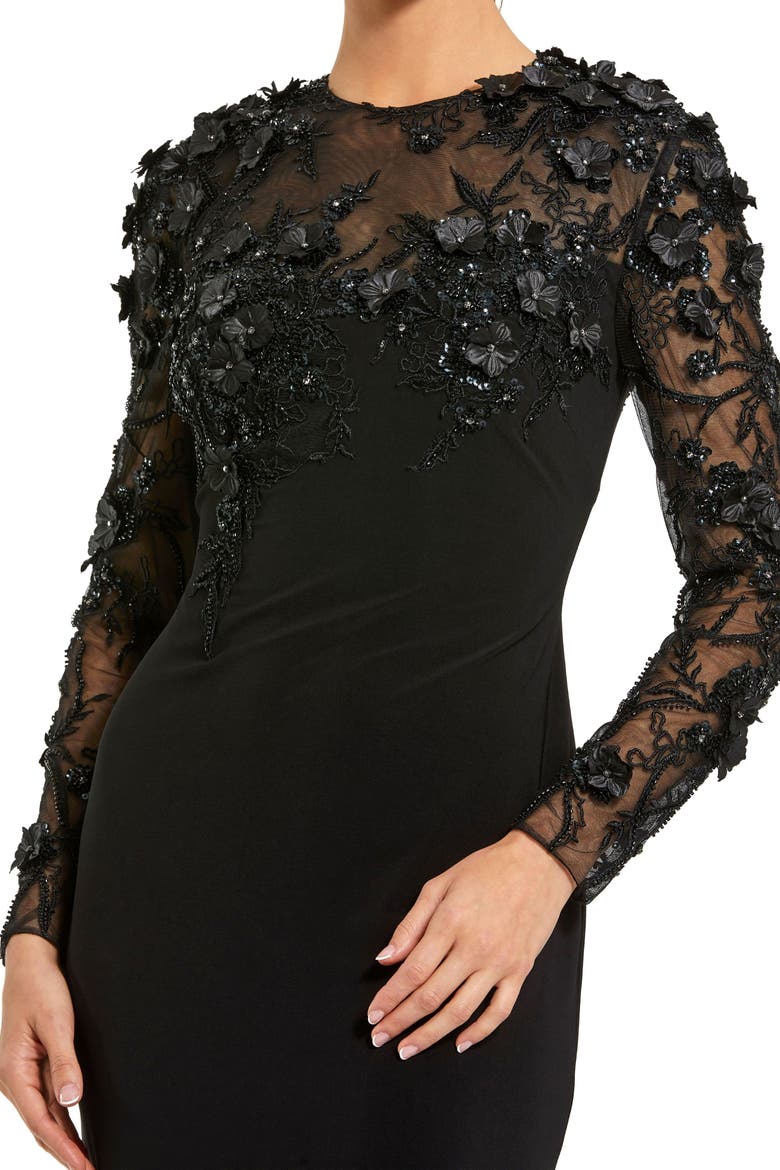Petite Jersey Long Sleeve Fitted Gown With Floral Beading, Alternate, color, Black