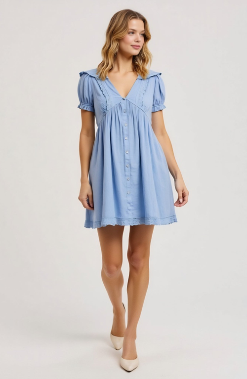 Modenaire Button-front Mini Dress With Lace Trim Puff Sleeves And Ruffle Details In Blue