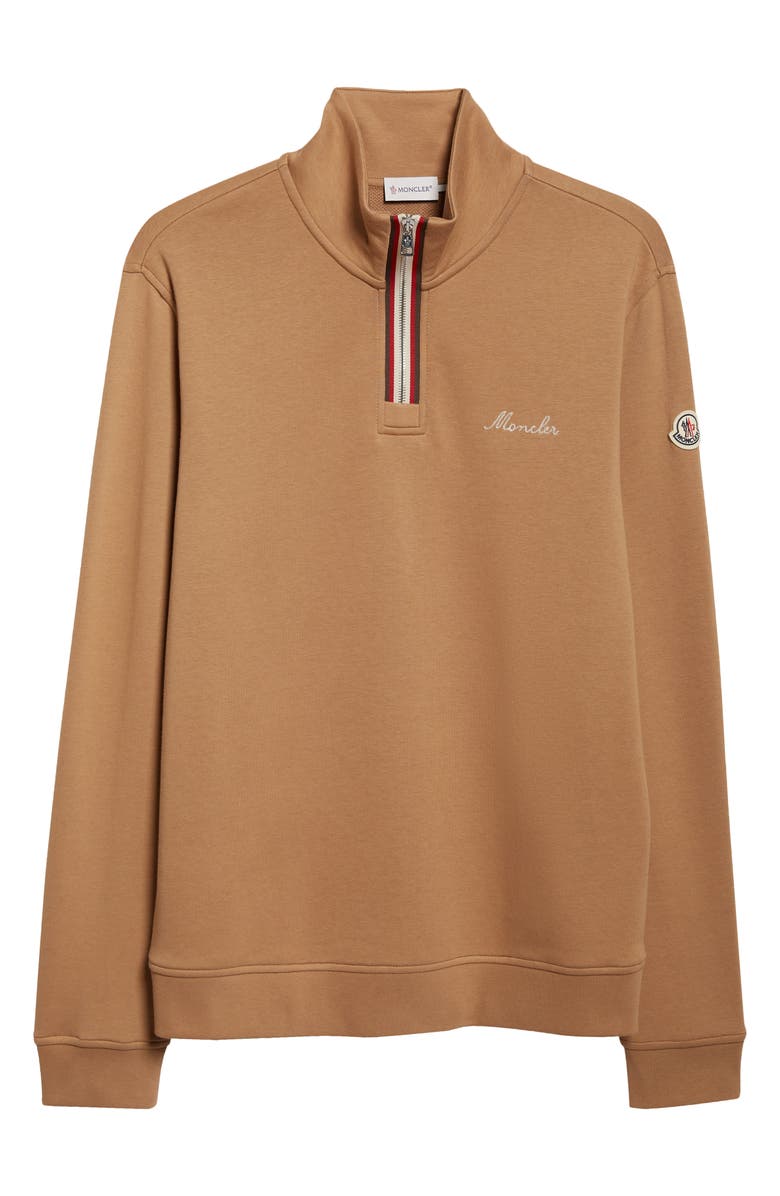 Moncler Embroidered Logo Patch Fleece Quarter Zip Sweatshirt, Main, color, Camel