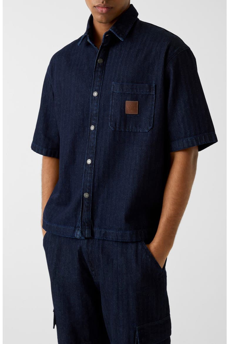Short Sleeve Oversize Crop Denim Button-Up Shirt, Main, color, BLUE