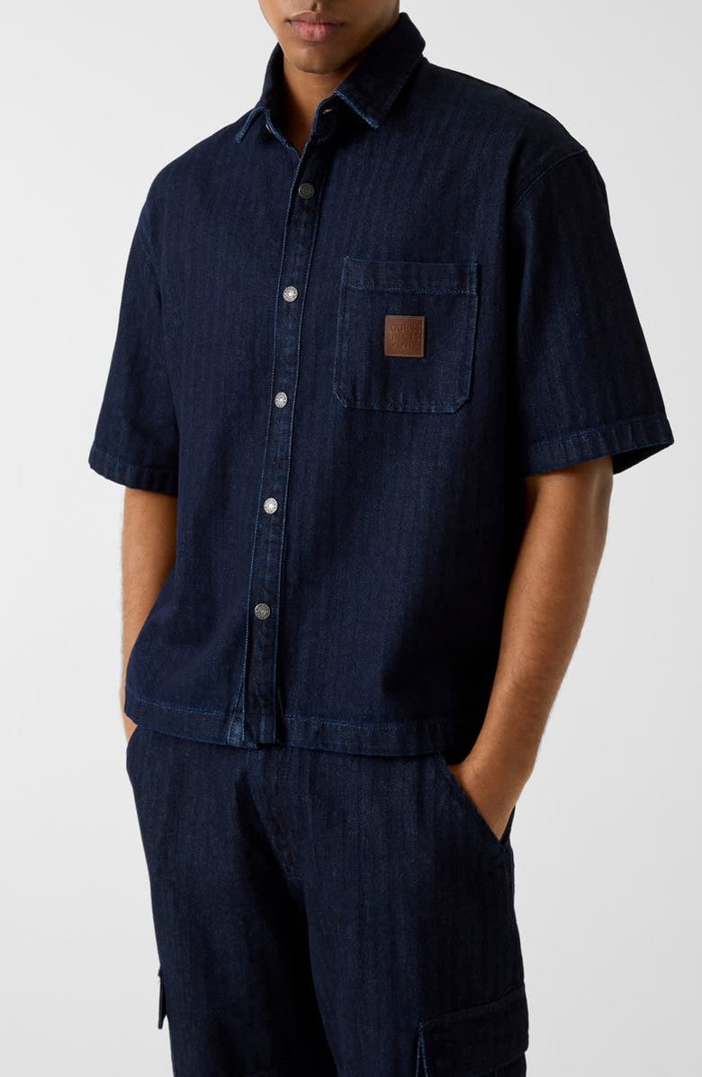 GUESS JEANS Short Sleeve Oversize Crop Denim Button-Up Shirt, Main, color, Blue