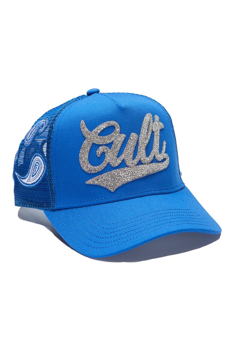 Paisley Crystal Logo Trucker Hat, Main, color, ROYAL BLUE