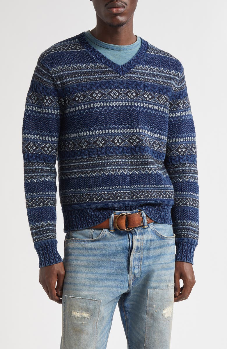 Double RL Indigo Stripe Cotton & Linen V-Neck Sweater, Main, color, Indigo Multi