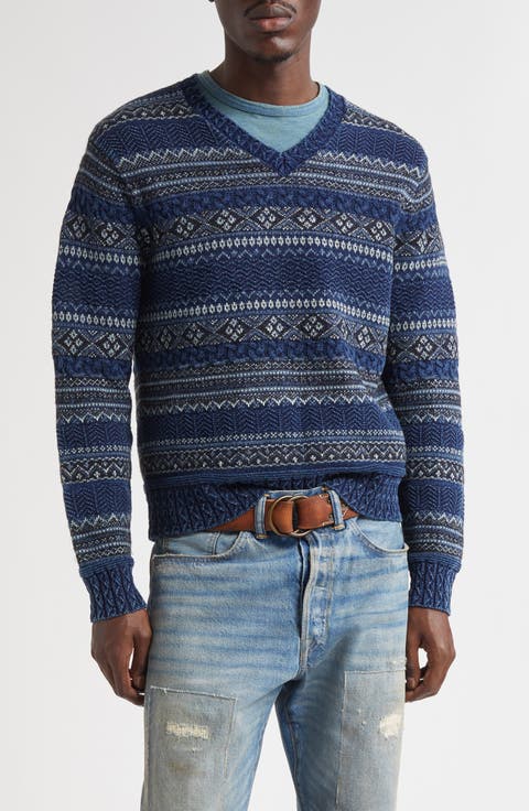 Indigo Stripe Cotton & Linen V-Neck Sweater