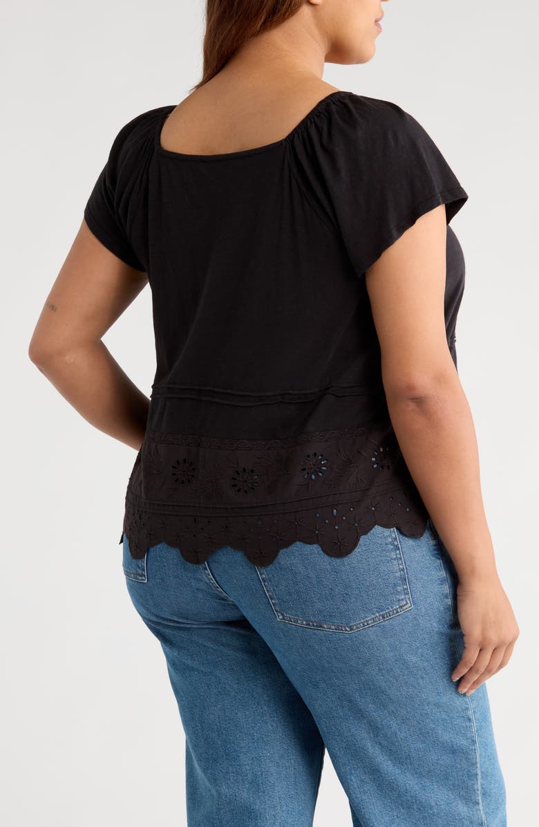Lucky Brand Pintuck Eyelet Embroidered Cap Sleeve Cotton & Modal Top, Alternate, color, Meteorite