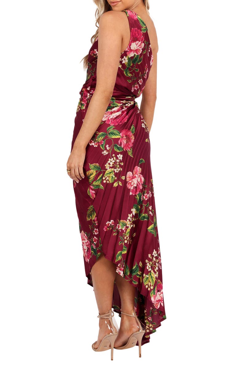 Petal & Pup Kleo Floral Pleated One-Shoulder Satin Cocktail Dress, Alternate, color, Burgundy Floral