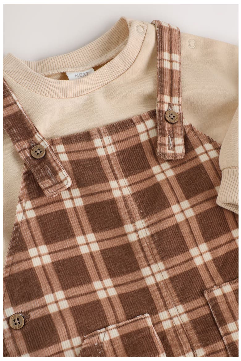 Check Cotton Sweatshirt Bodysuit & Overalls Set, Alternate, color, TAN