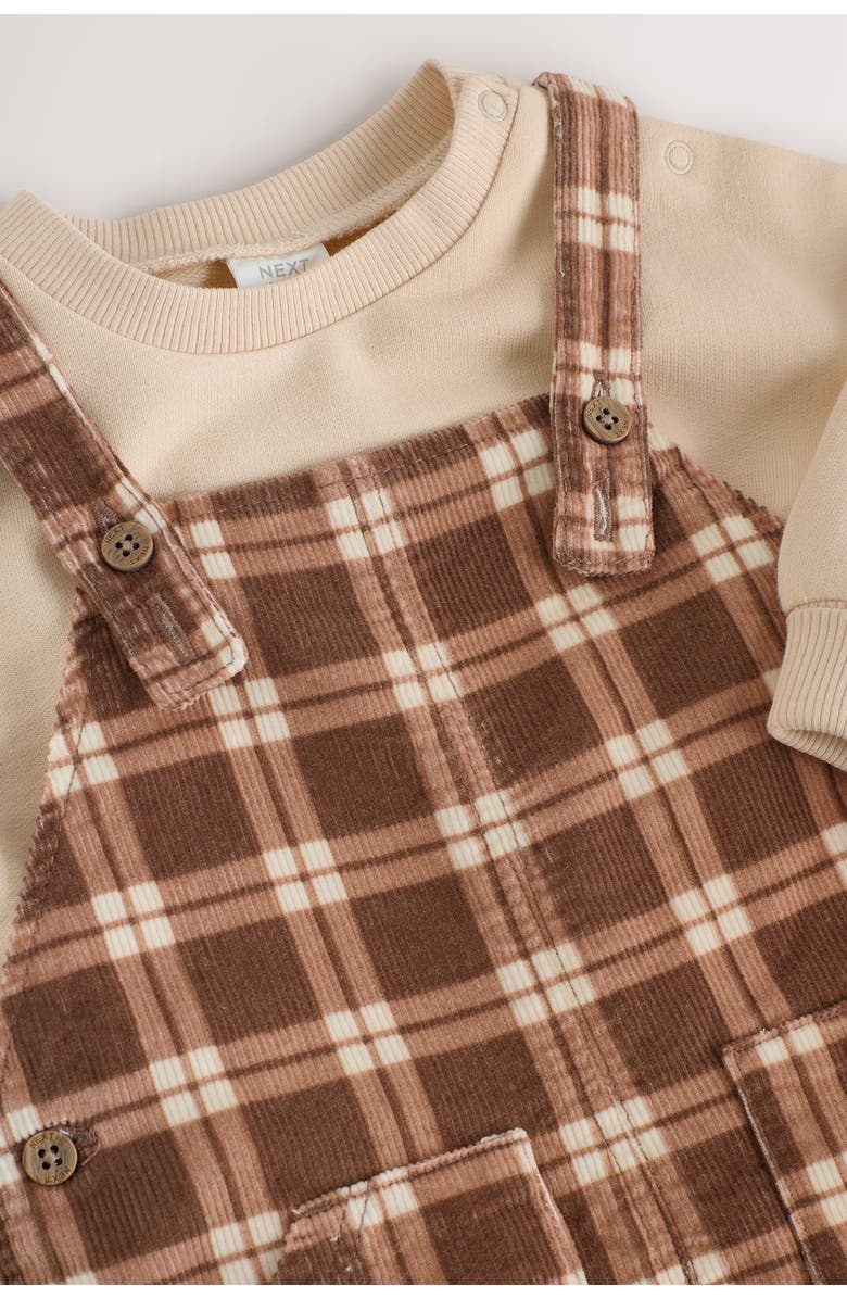 NEXT Check Cotton Sweatshirt Bodysuit & Overalls Set, Alternate, color, Tan