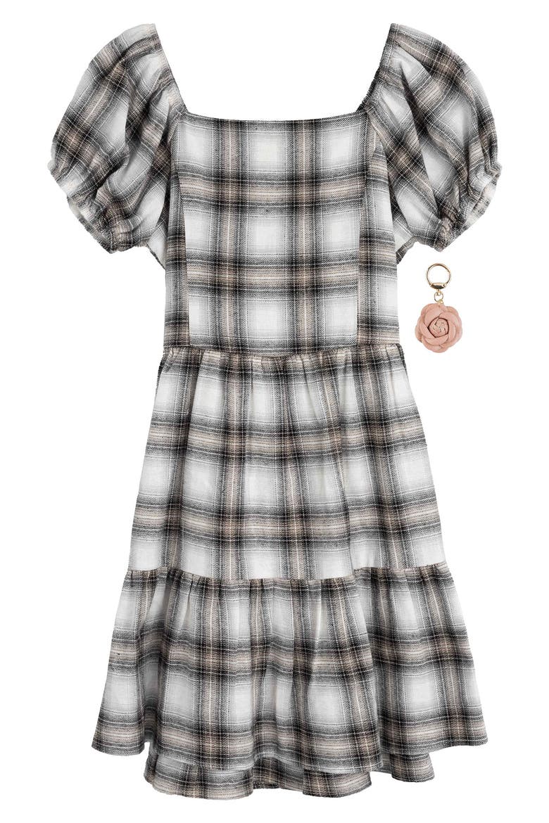 Kids' Plaid Dress & Flower Key Chain Set, Main, color, WHITE/ BLACK