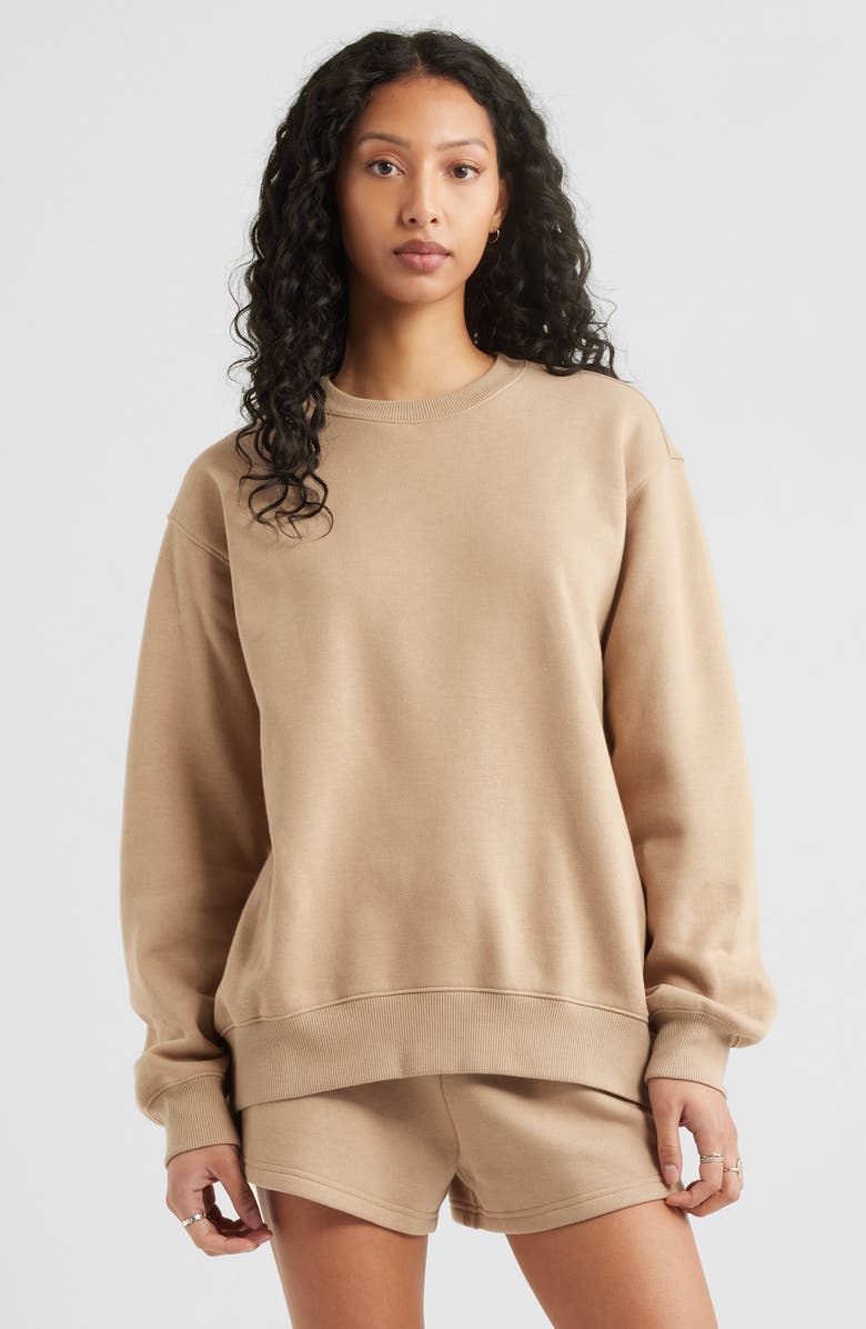 BP. Fleece Detail Oversize Crewneck Sweatshirt, Main, color, Tan Savannah