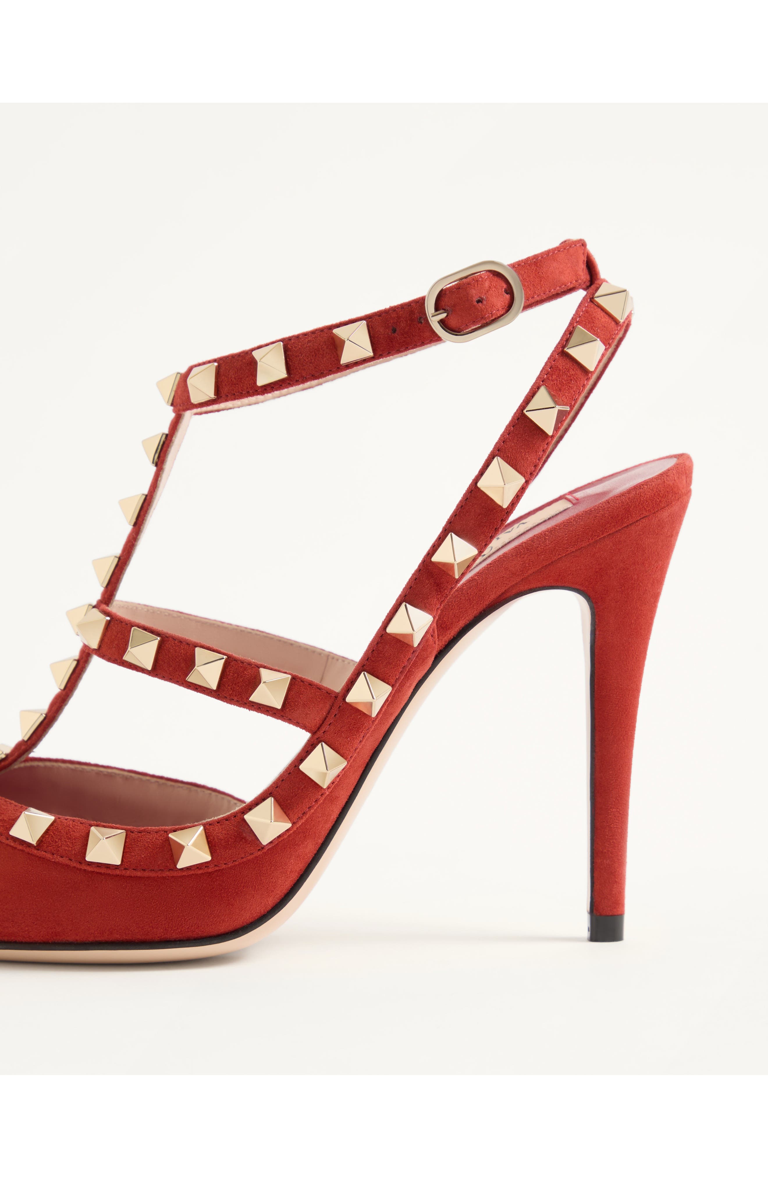 Rockstud Pointed Toe Ankle Strap Pump, Alternate, color, RED