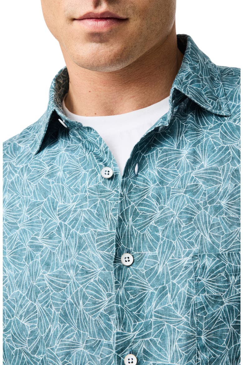 Whitlaker Leaf Print Short Sleeve Linen Button-Up Shirt, Alternate, color, BLUESTONE