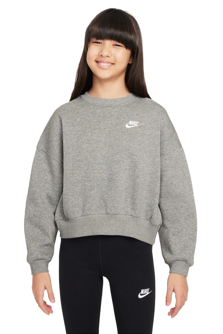 Kids' Sportswear Club Fleece Crewneck Sweatshirt, Main, color, DARK GREY HEATHER/ WHITE