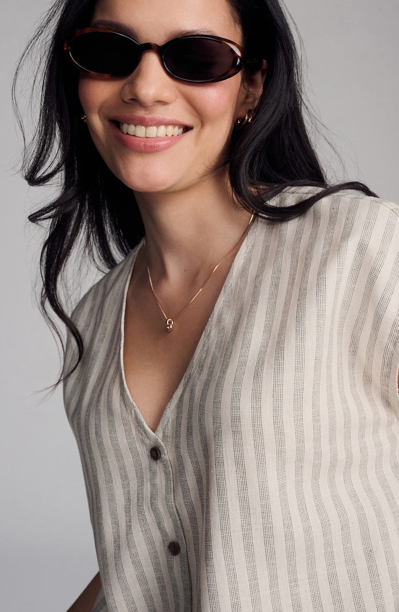 Mavi Jeans Stripe Cap Sleeve V-Neck Button-Up Shirt, Alternate, color, Ivory With Black Stripe