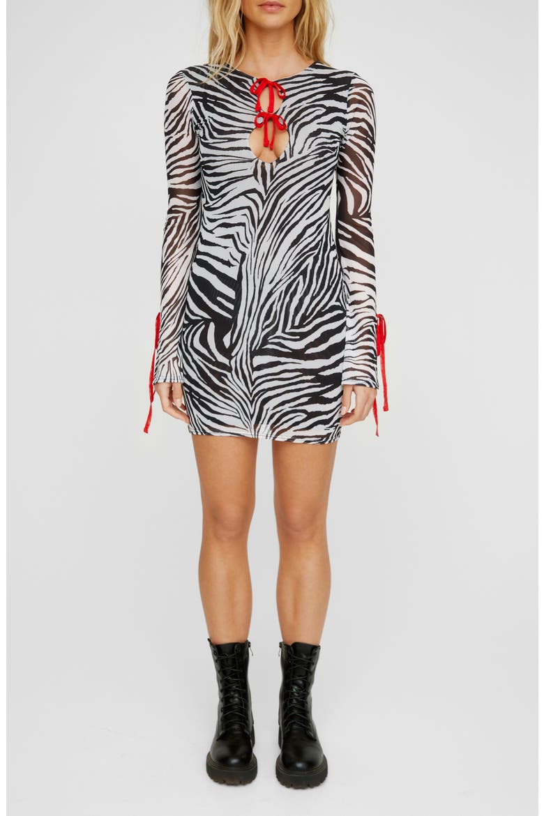Animal Print Long Sleeve Cutout Mesh Minidress, Main, color, BLACK
