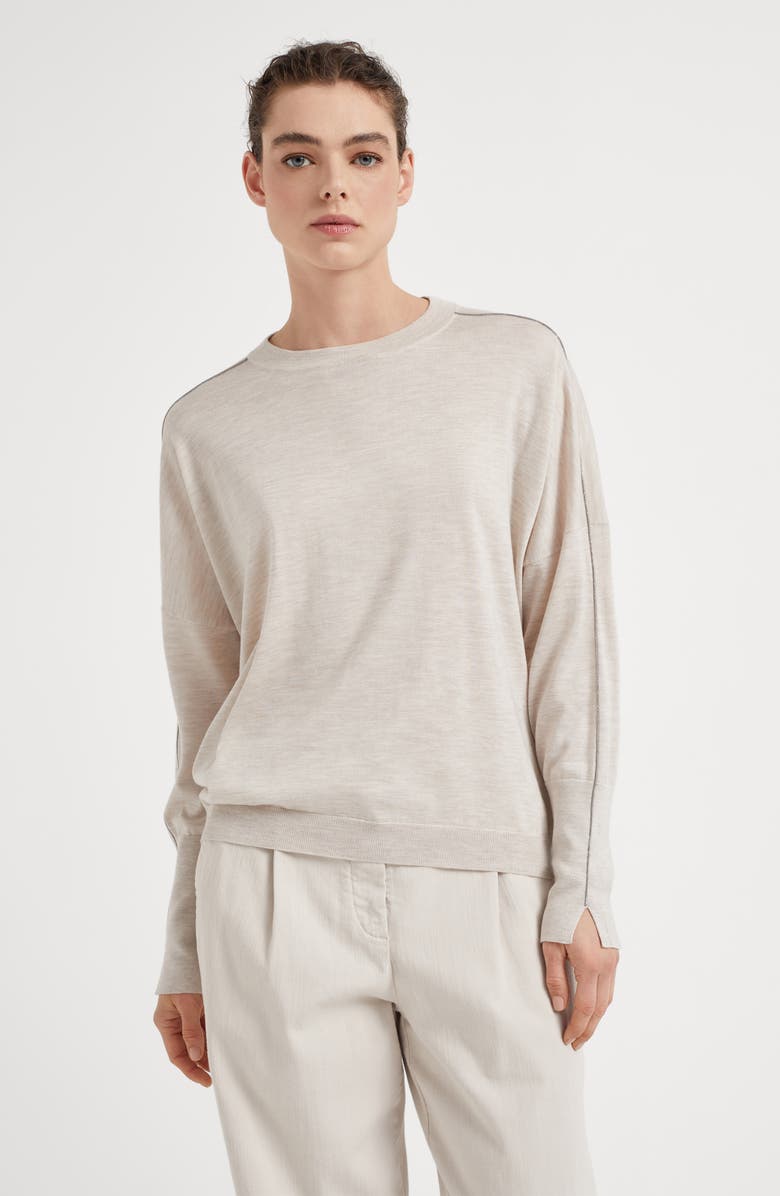 Brunello Cucinelli Cashmere and silk sweater with shiny sleeve trim, Alternate, color, 