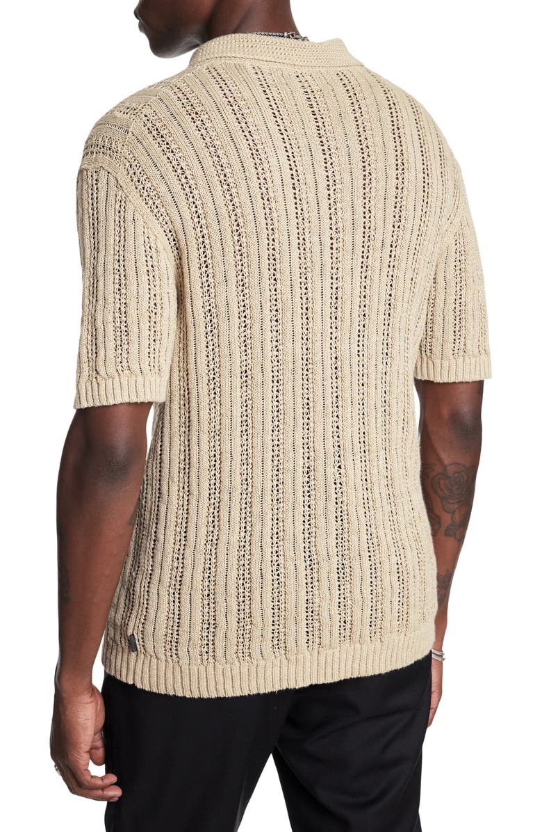 John Varvatos Odin Short Sleeve Textured Linen Johnny Collar Sweater, Alternate, color, Linen