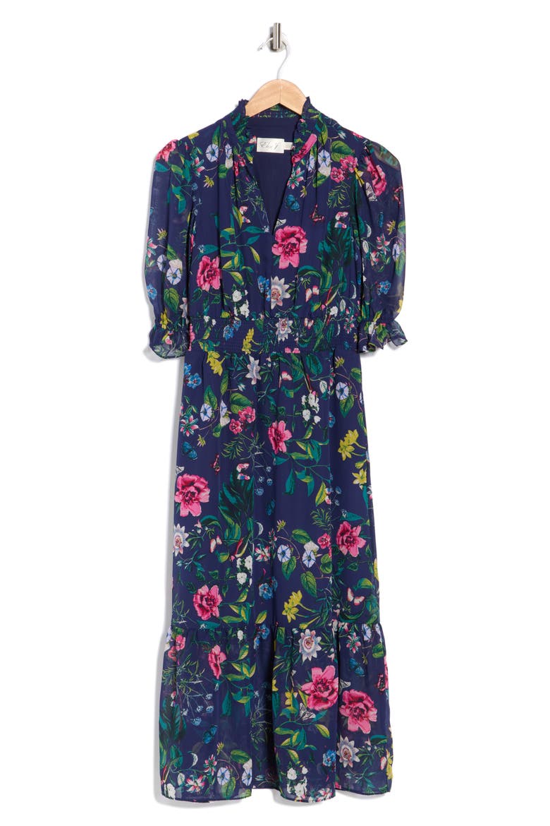 Floral Ruffle Collar Midi Dress, Alternate, color, NAVY MULTI