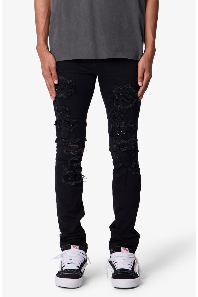 Rhinestone Detail Ripped & Distressed Skinny Jeans, Main, color, BLACK