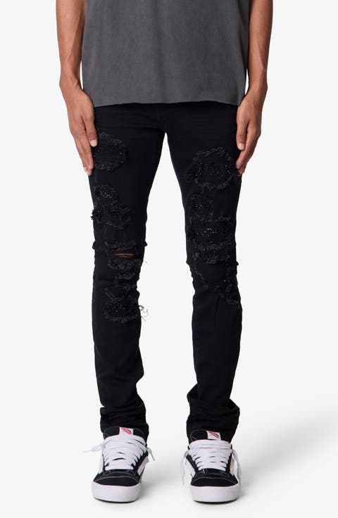 Rhinestone Detail Ripped & Distressed Skinny Jeans