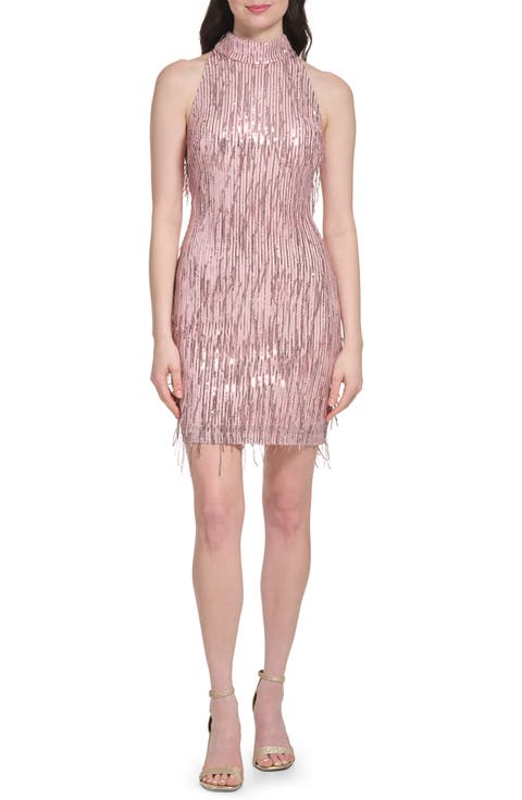 Fringe Sequin Cutout Back Sleeveless Cocktail Dress